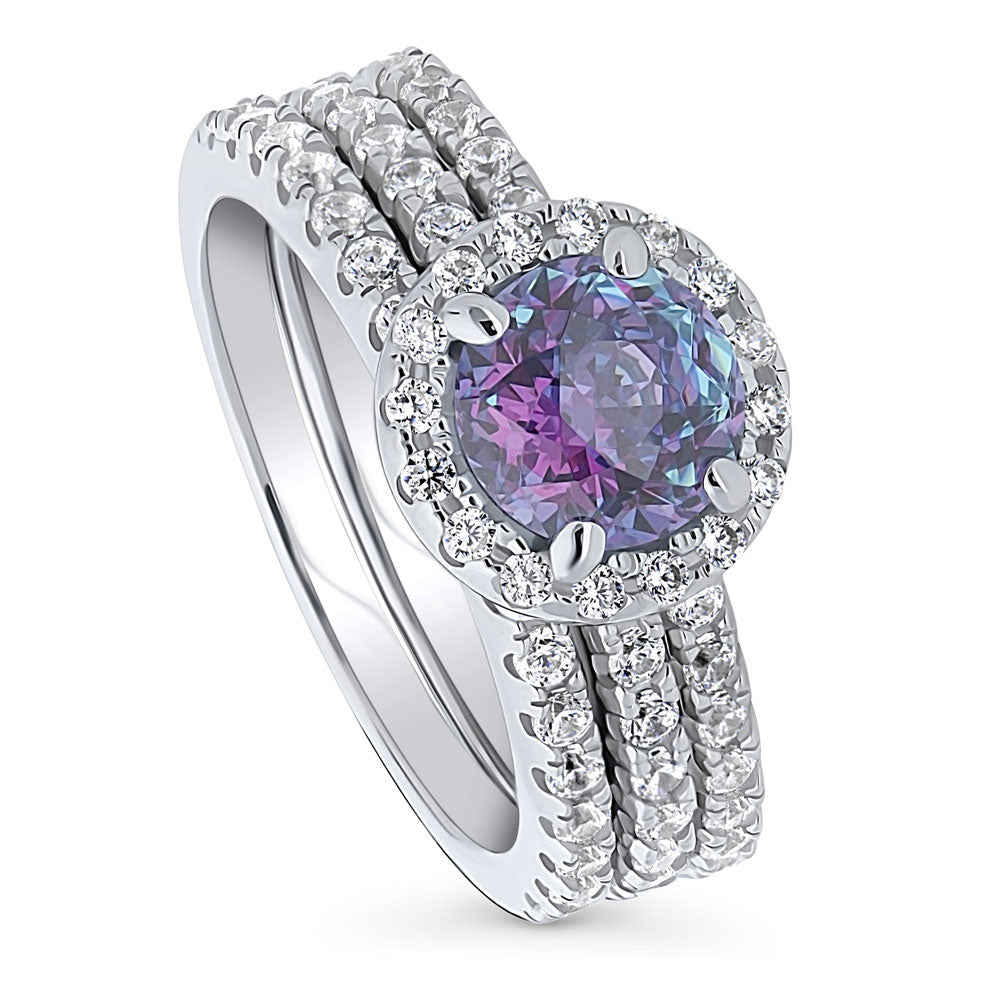 Front view of Halo Kaleidoscope Purple Aqua Round CZ Ring Set in Sterling Silver