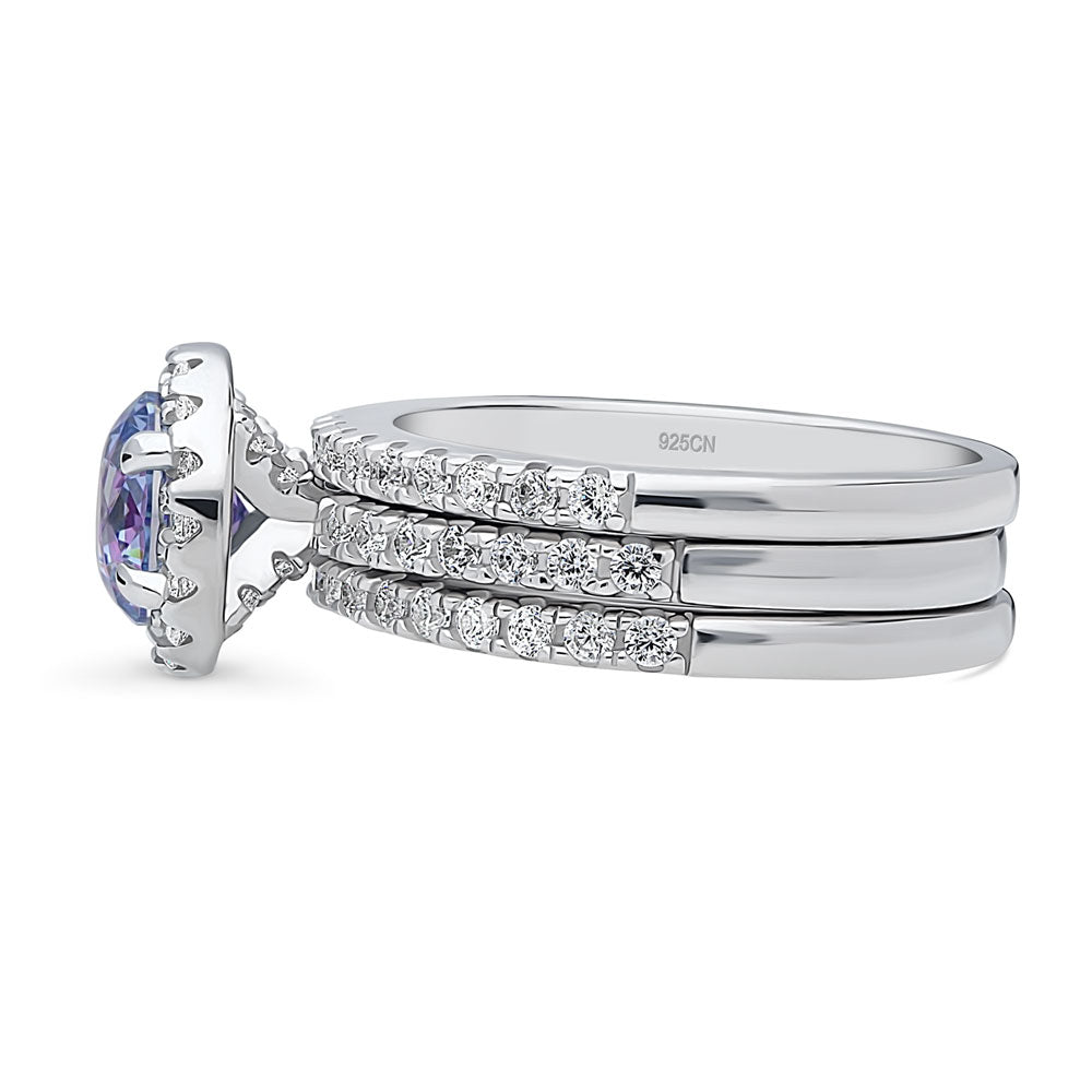 Angle view of Halo Kaleidoscope Purple Aqua Round CZ Ring Set in Sterling Silver