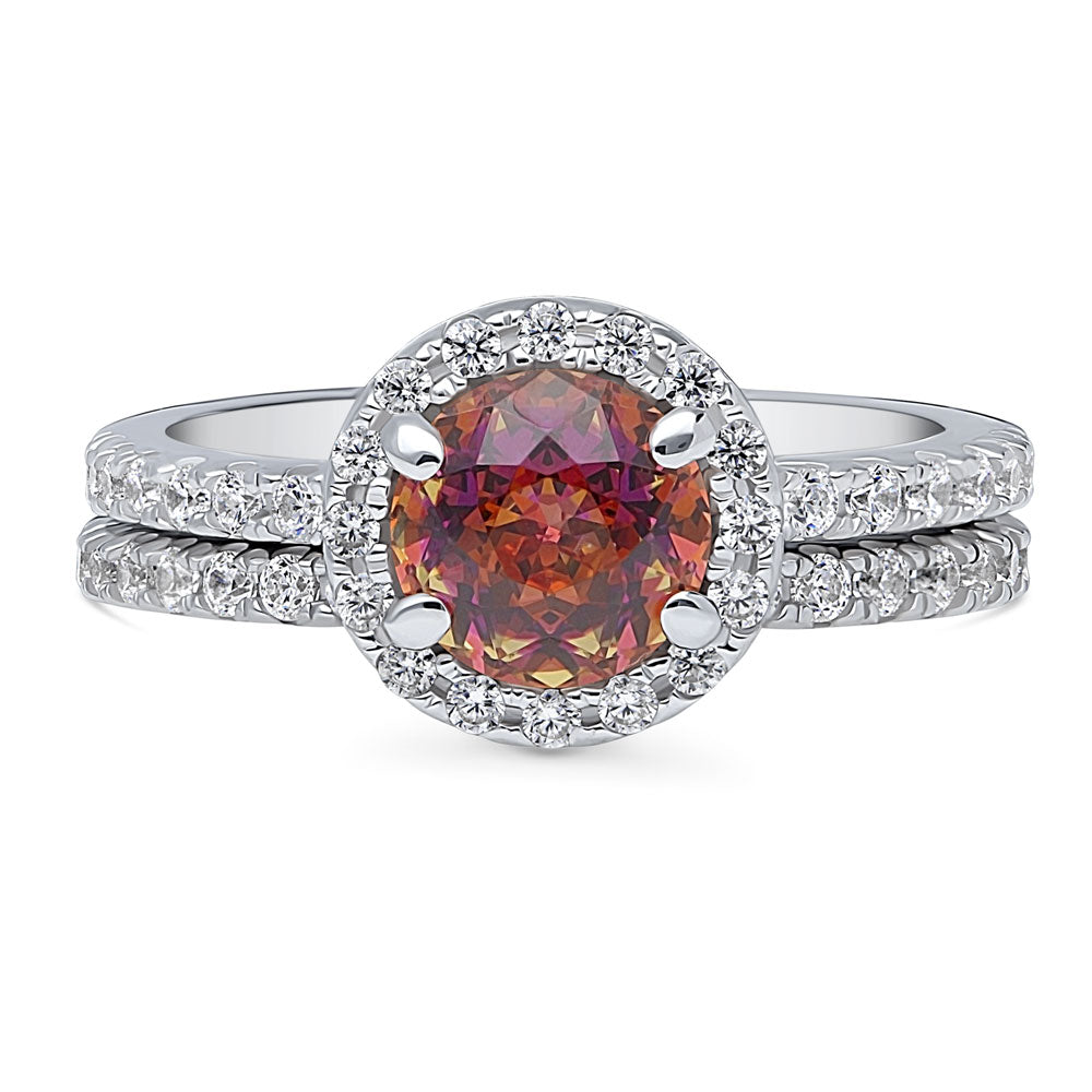 Halo Kaleidoscope Red Orange Round CZ Ring Set in Sterling Silver