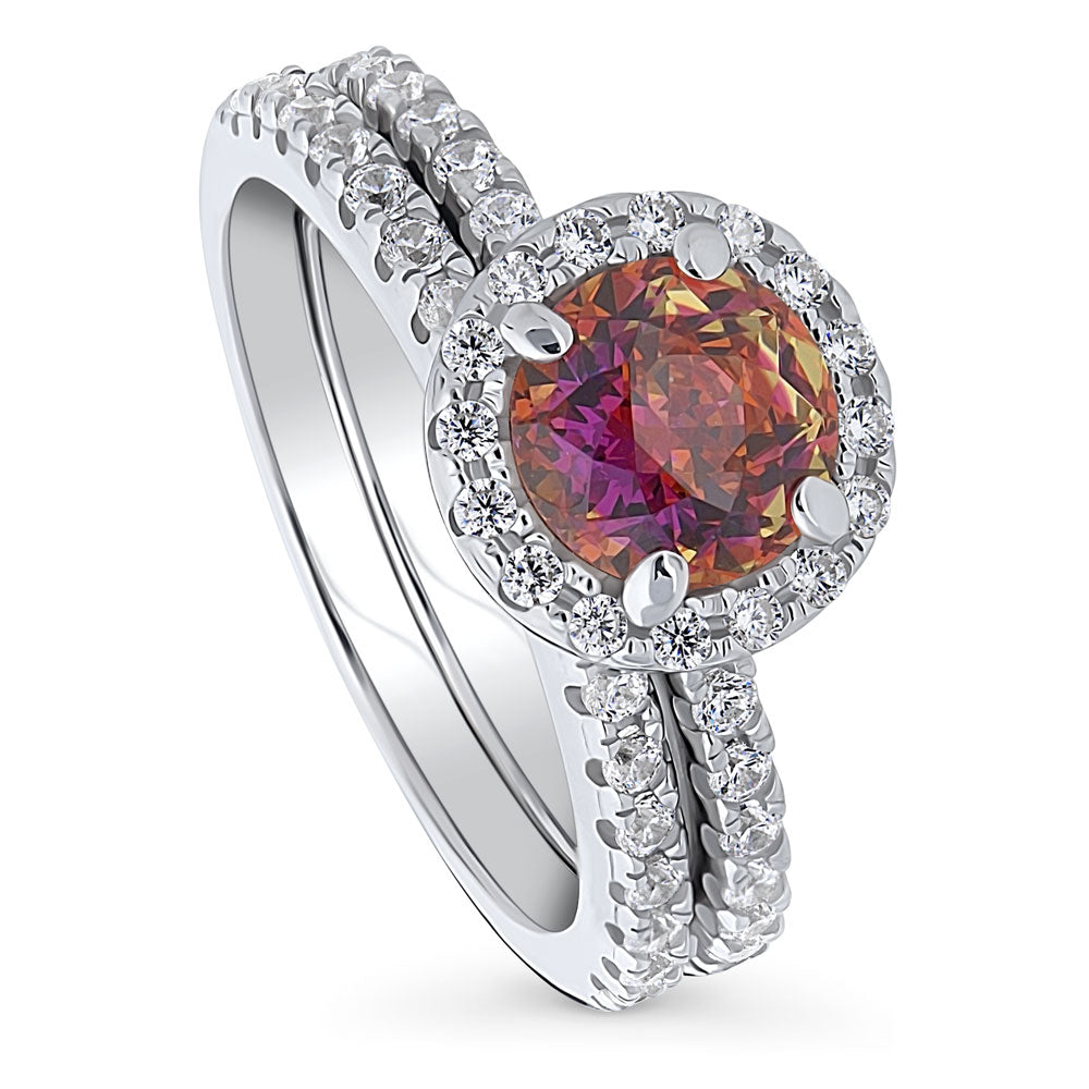 Front view of Halo Kaleidoscope Red Orange Round CZ Ring Set in Sterling Silver