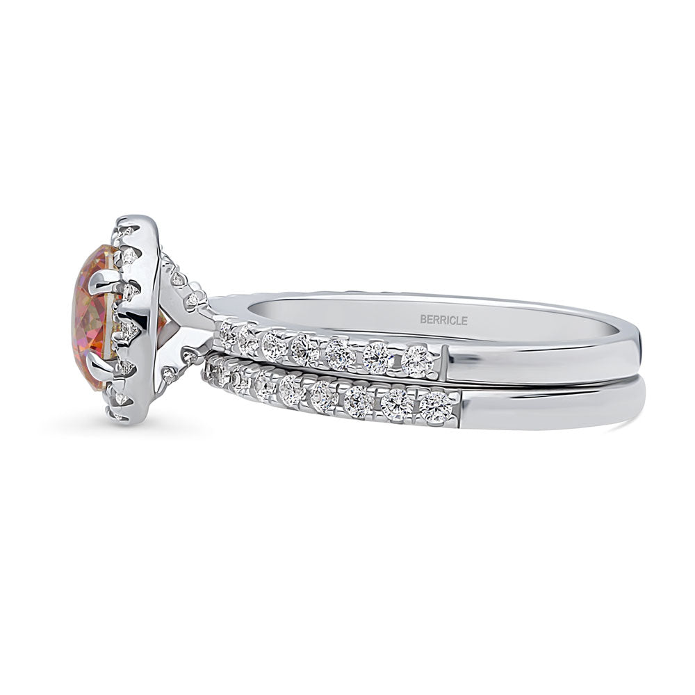 Angle view of Halo Kaleidoscope Red Orange Round CZ Ring Set in Sterling Silver