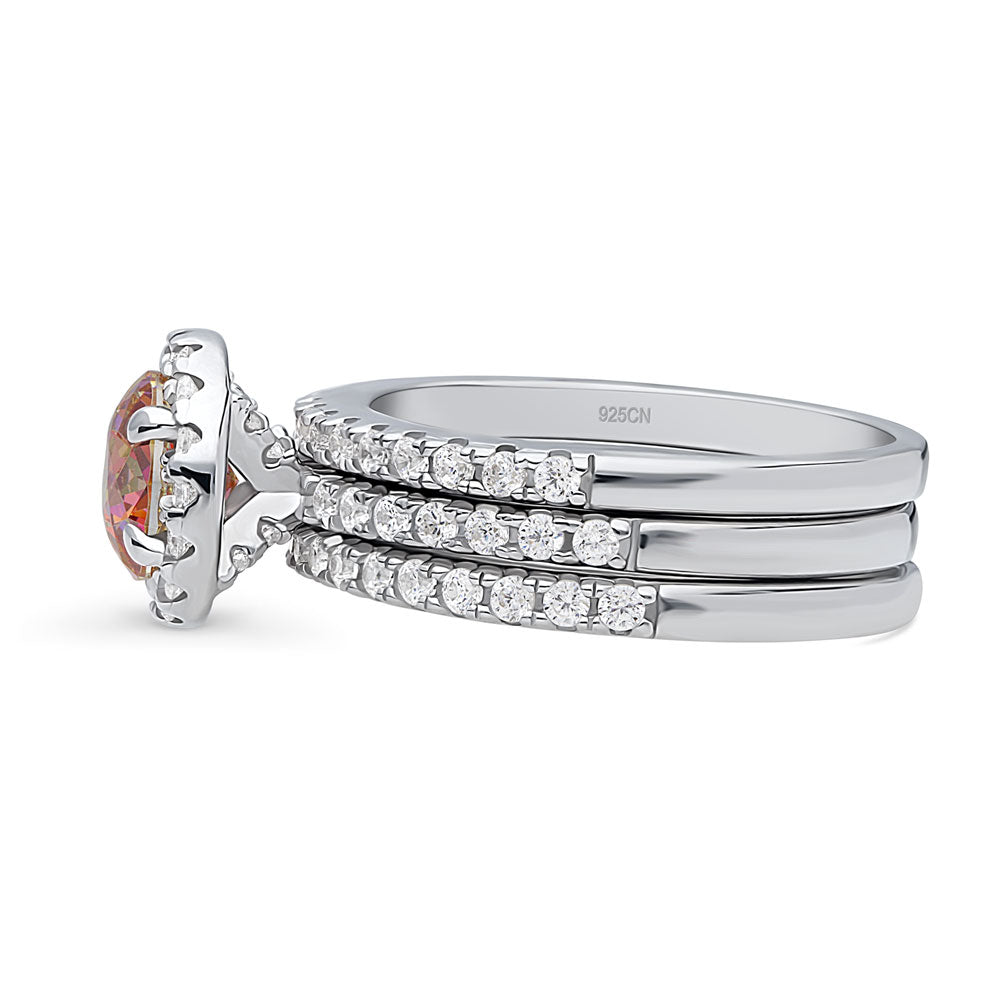Angle view of Halo Kaleidoscope Red Orange Round CZ Ring Set in Sterling Silver