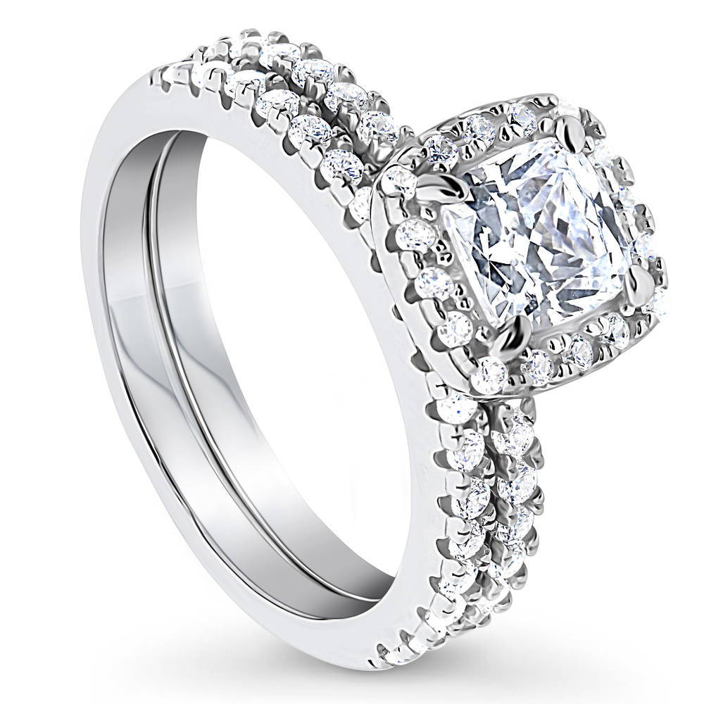 Front view of Halo Cushion CZ Ring Set in Sterling Silver