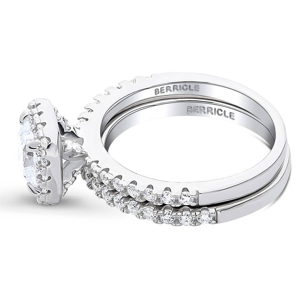Angle view of Halo Cushion CZ Ring Set in Sterling Silver
