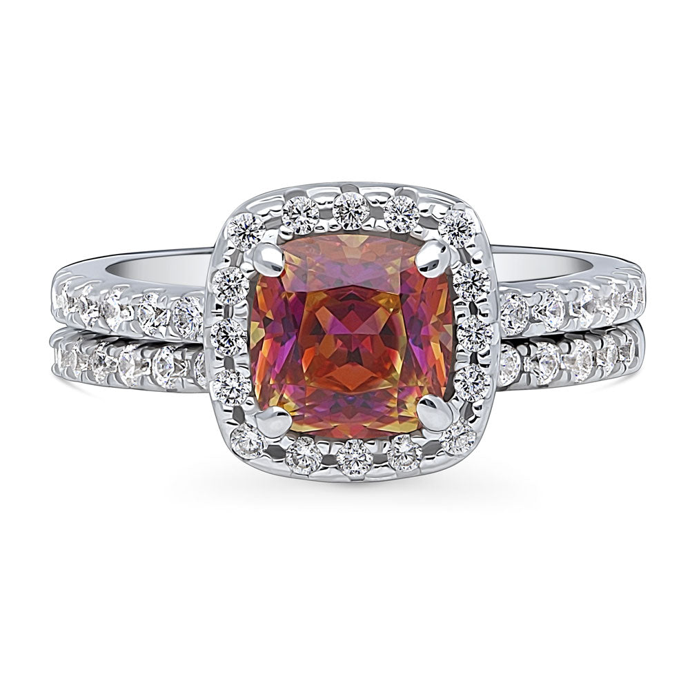 Halo Kaleidoscope Red Orange CZ Ring Set in Sterling Silver