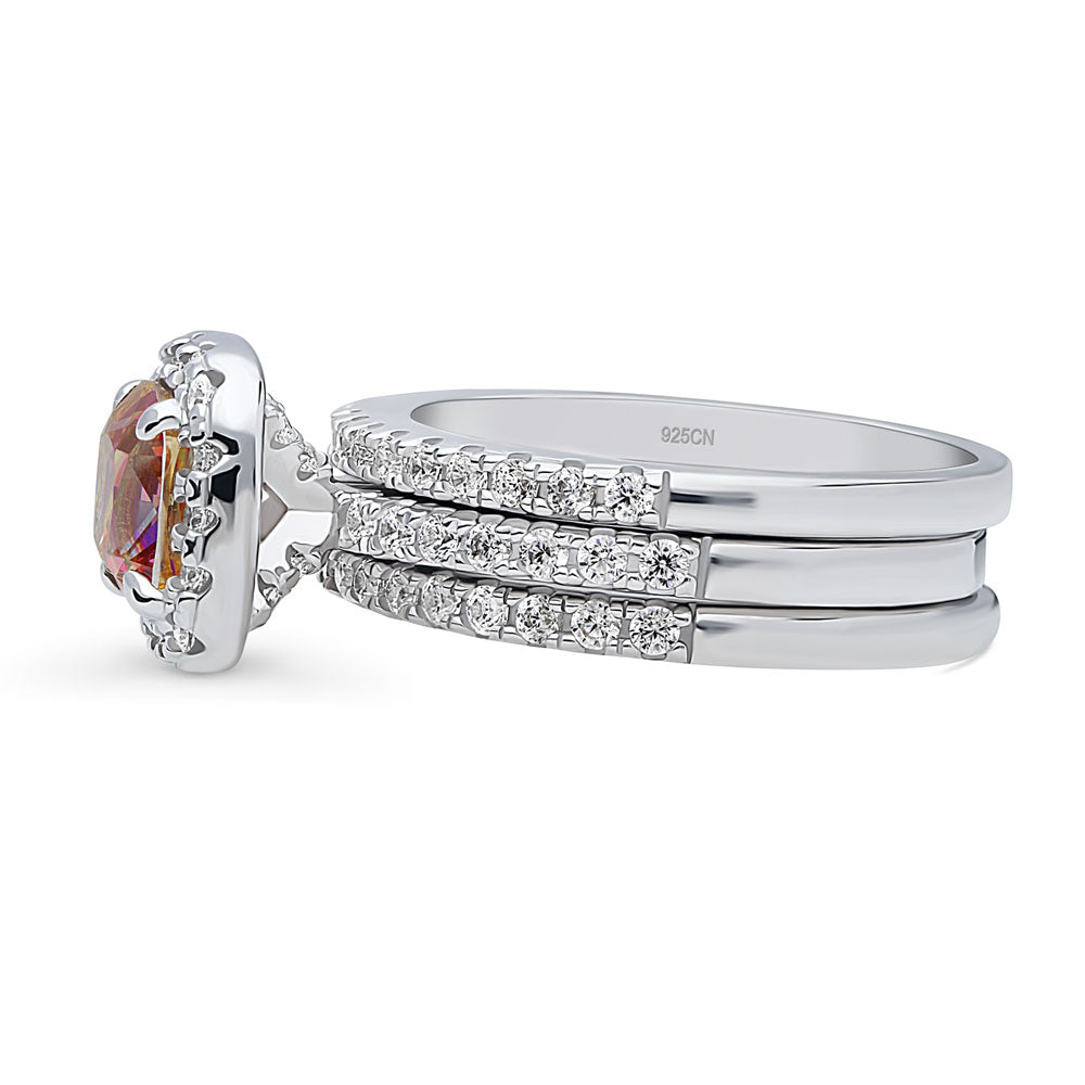 Angle view of Halo Kaleidoscope Red Orange Cushion CZ Ring Set in Sterling Silver