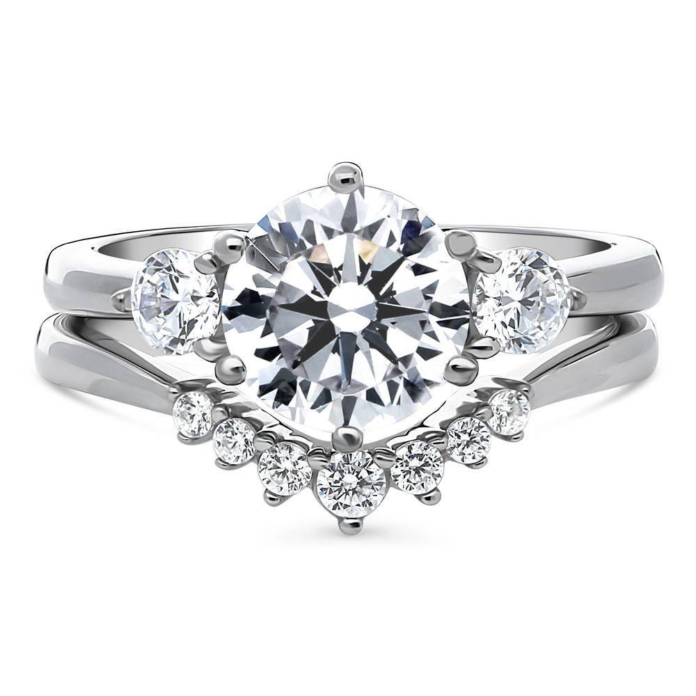 3-Stone Wishbone 7-Stone 2ct CZ Ring Set in Sterling Silver