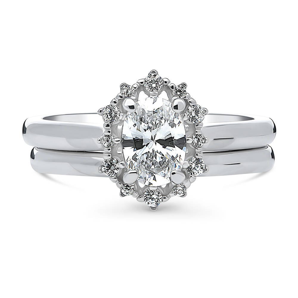Halo Art Deco Oval CZ Ring Set in Sterling Silver