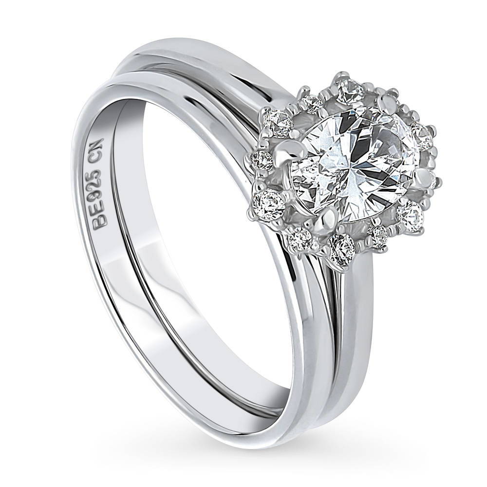 Halo Art Deco Oval CZ Ring Set in Sterling Silver