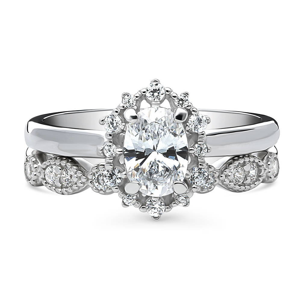Halo Art Deco Oval CZ Ring Set in Sterling Silver