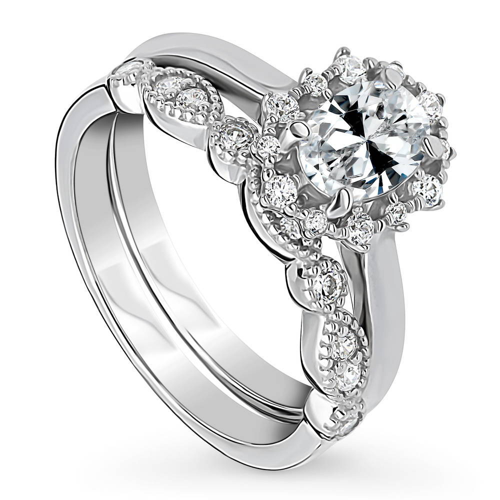 Halo Art Deco Oval CZ Ring Set in Sterling Silver