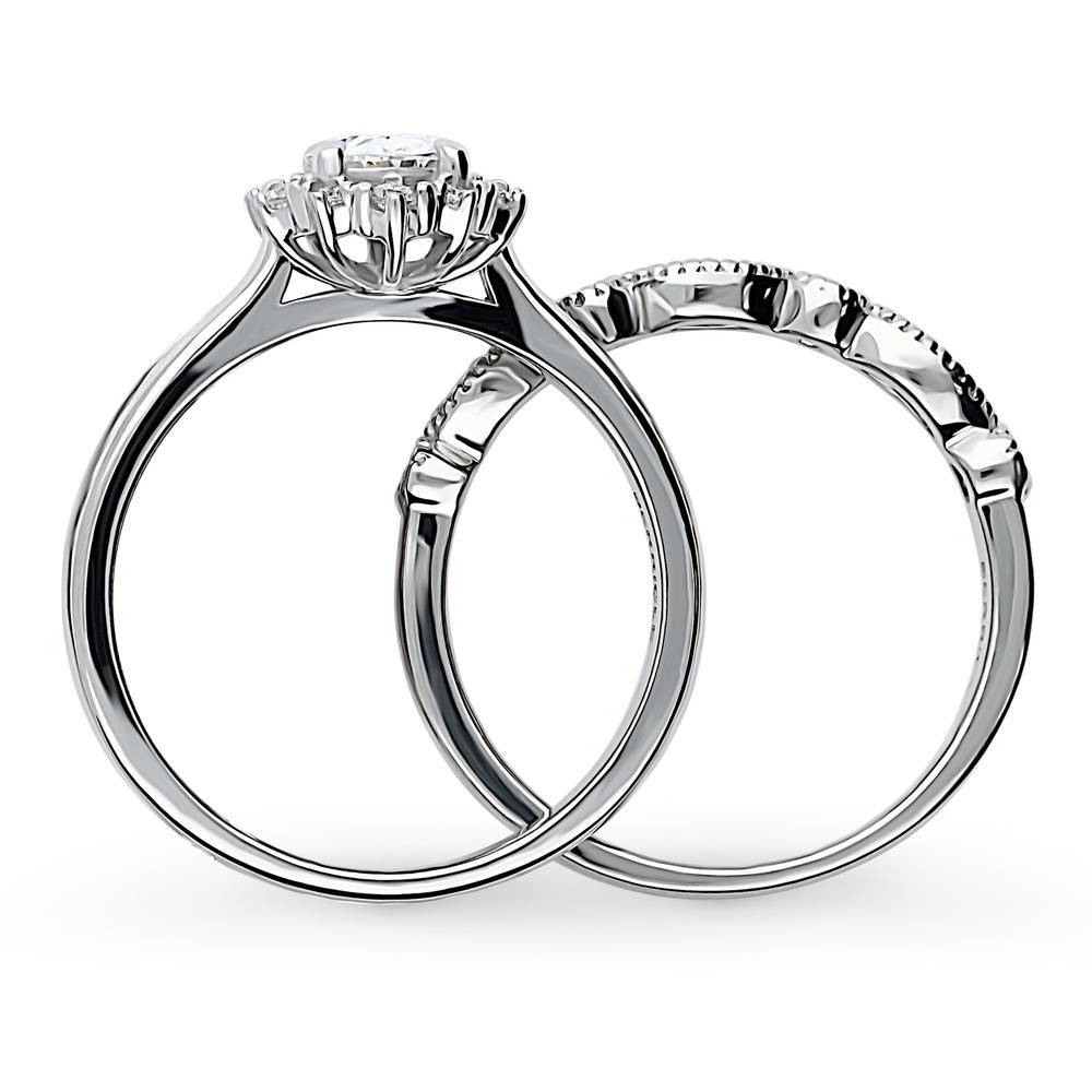Halo Art Deco Oval CZ Ring Set in Sterling Silver