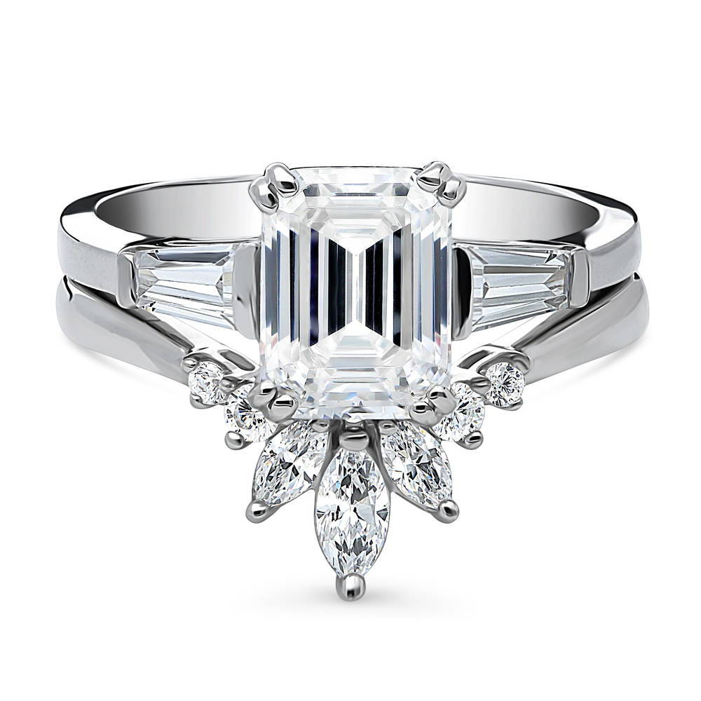 3-Stone Flower 7-Stone Wishbone CZ Ring Set in Sterling Silver