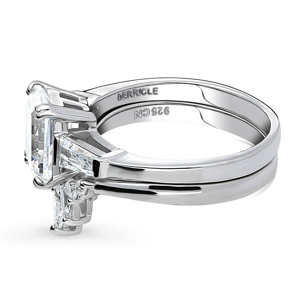 Angle view of 3-Stone 7-Stone Emerald Cut CZ Ring Set in Sterling Silver