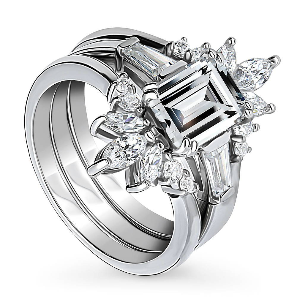 Front view of 3-Stone 7-Stone Emerald Cut CZ Ring Set in Sterling Silver
