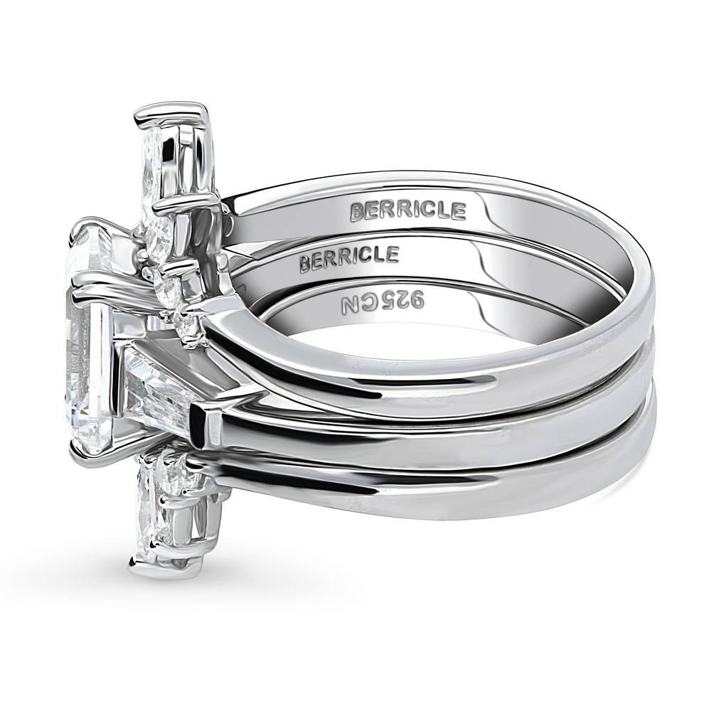 Angle view of 3-Stone 7-Stone Emerald Cut CZ Ring Set in Sterling Silver