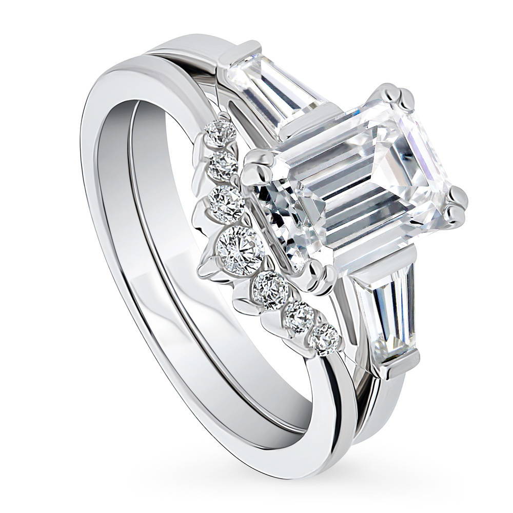 Front view of 3-Stone 7-Stone Emerald Cut CZ Ring Set in Sterling Silver
