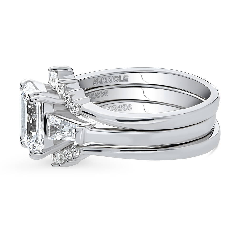 Angle view of 3-Stone 7-Stone Emerald Cut CZ Ring Set in Sterling Silver