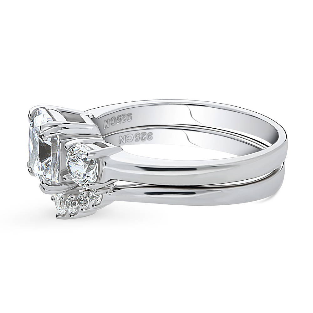 Angle view of 3-Stone 7-Stone Cushion CZ Ring Set in Sterling Silver