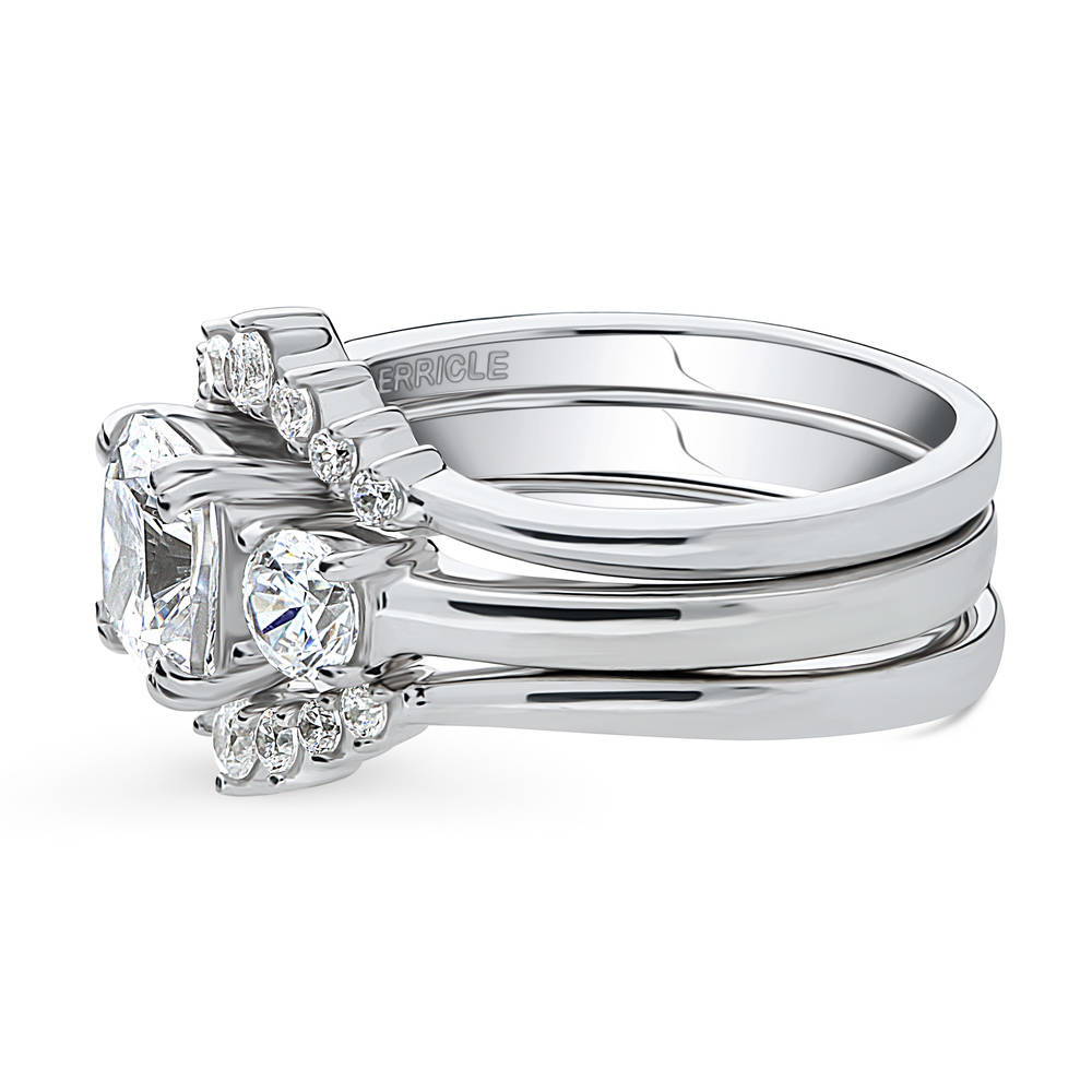 Angle view of 3-Stone 7-Stone Cushion CZ Ring Set in Sterling Silver