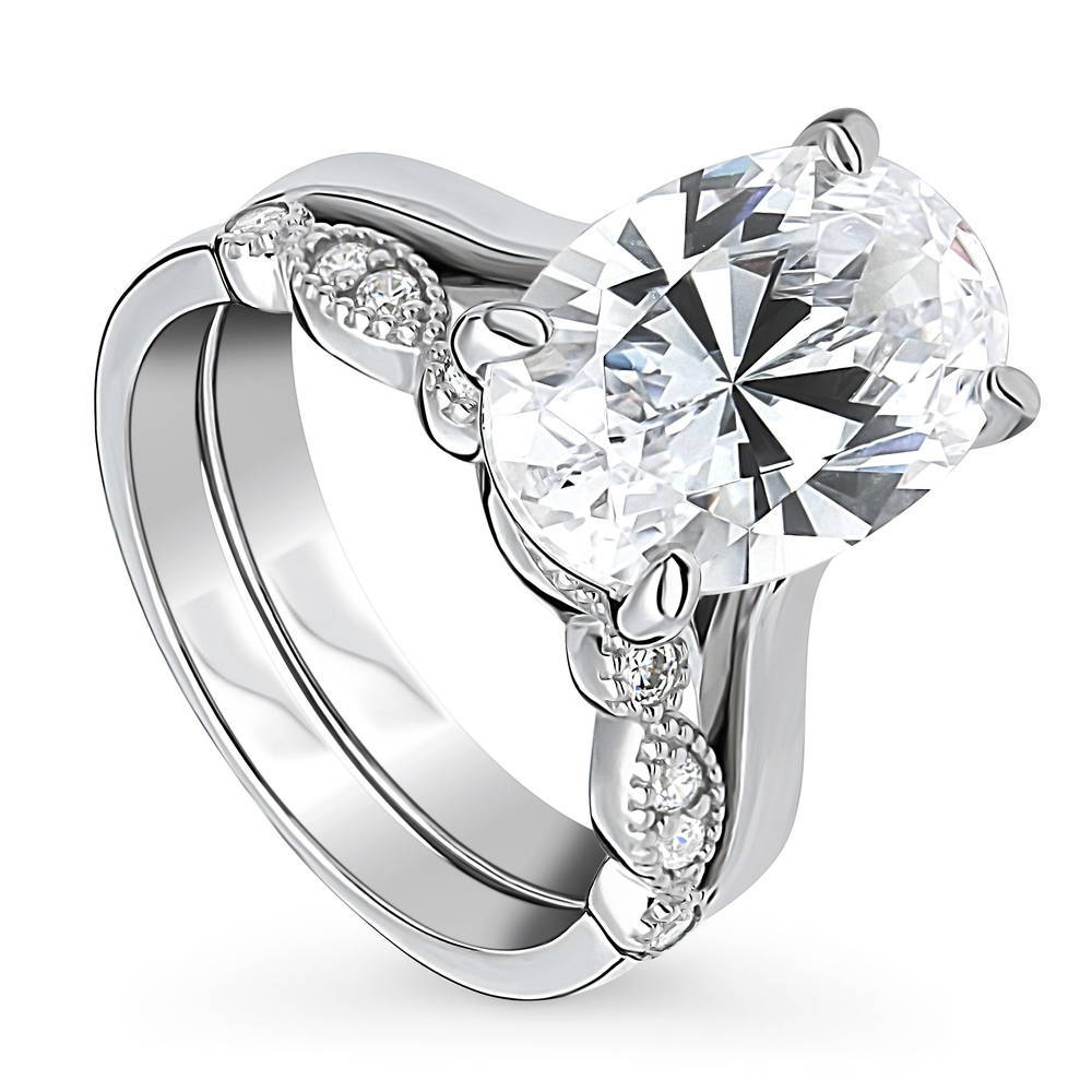 Front view of Solitaire 5.5ct Oval CZ Ring Set in Sterling Silver, 3 of 18