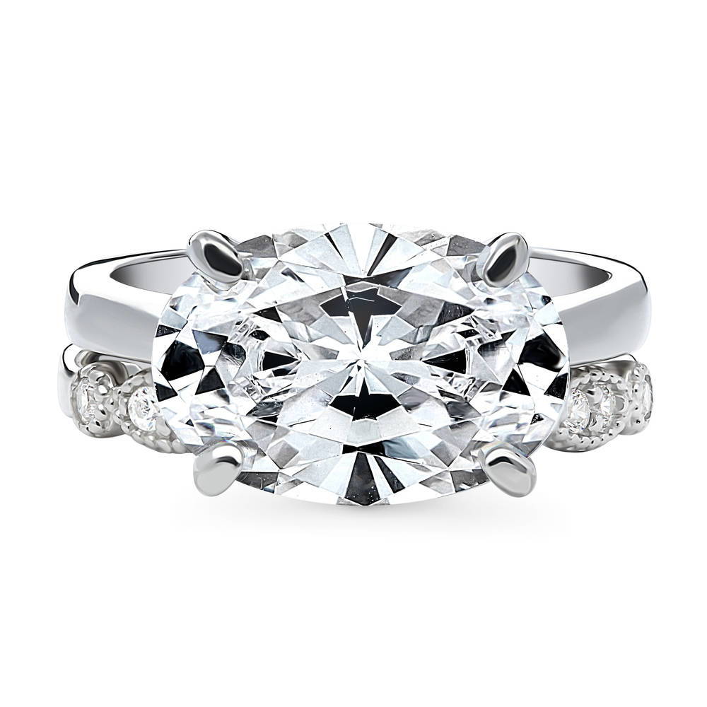 Solitaire Art Deco East-West Oval CZ Ring Set in Sterling Silver