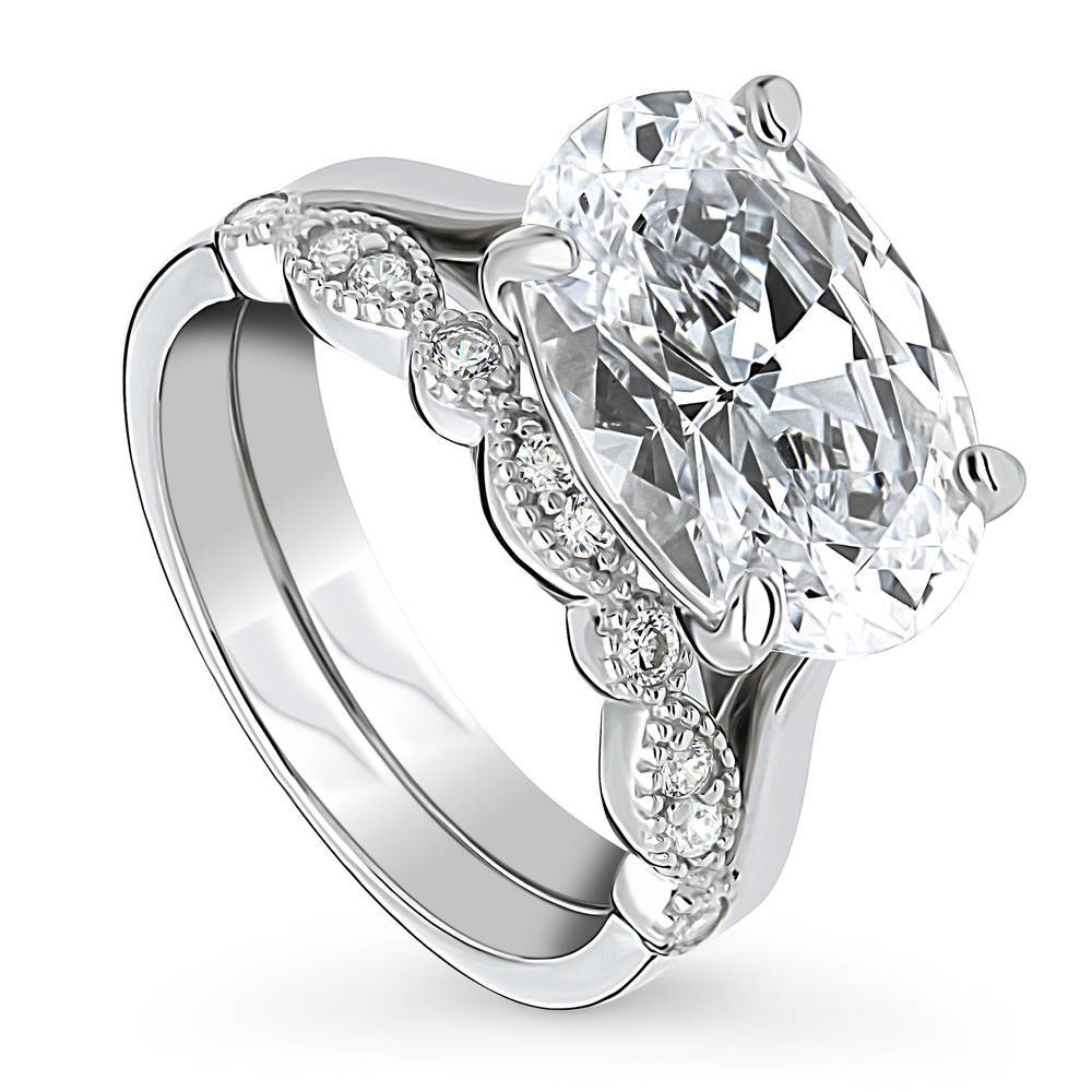 Front view of East-West Solitaire CZ Ring Set in Sterling Silver