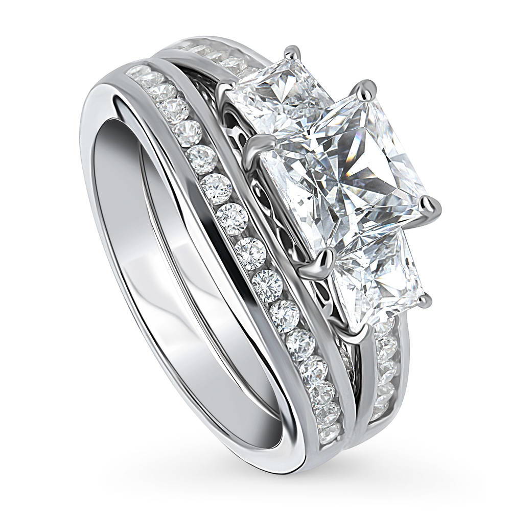 Front view of 3-Stone Princess CZ Ring Set in Sterling Silver