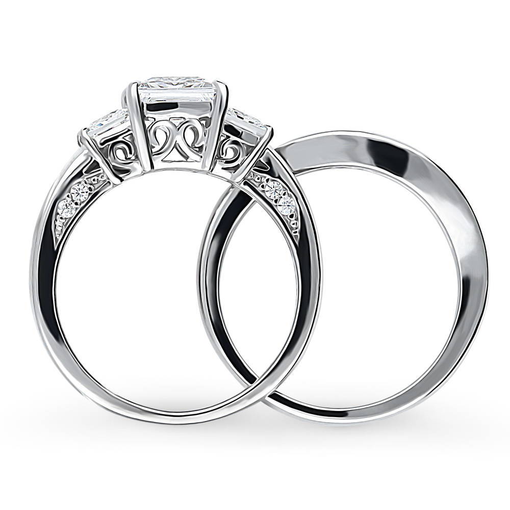 Alternate view of 3-Stone Princess CZ Ring Set in Sterling Silver
