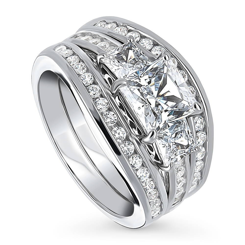 Front view of 3-Stone Princess CZ Ring Set in Sterling Silver, 3 of 18