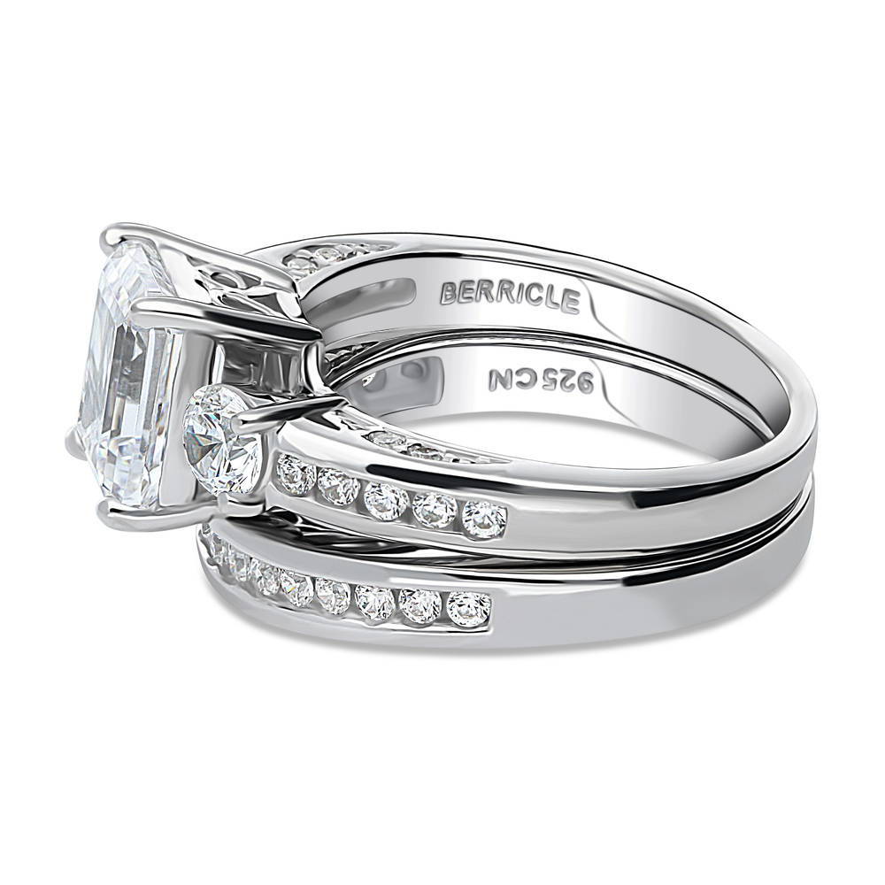 Angle view of 3-Stone Emerald Cut CZ Ring Set in Sterling Silver, 5 of 19