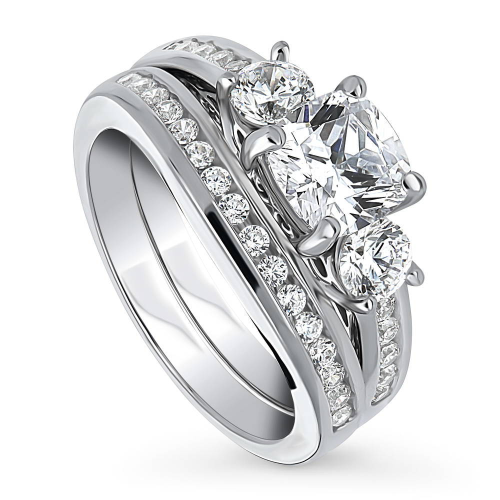 3-Stone Cushion CZ Ring Set in Sterling Silver