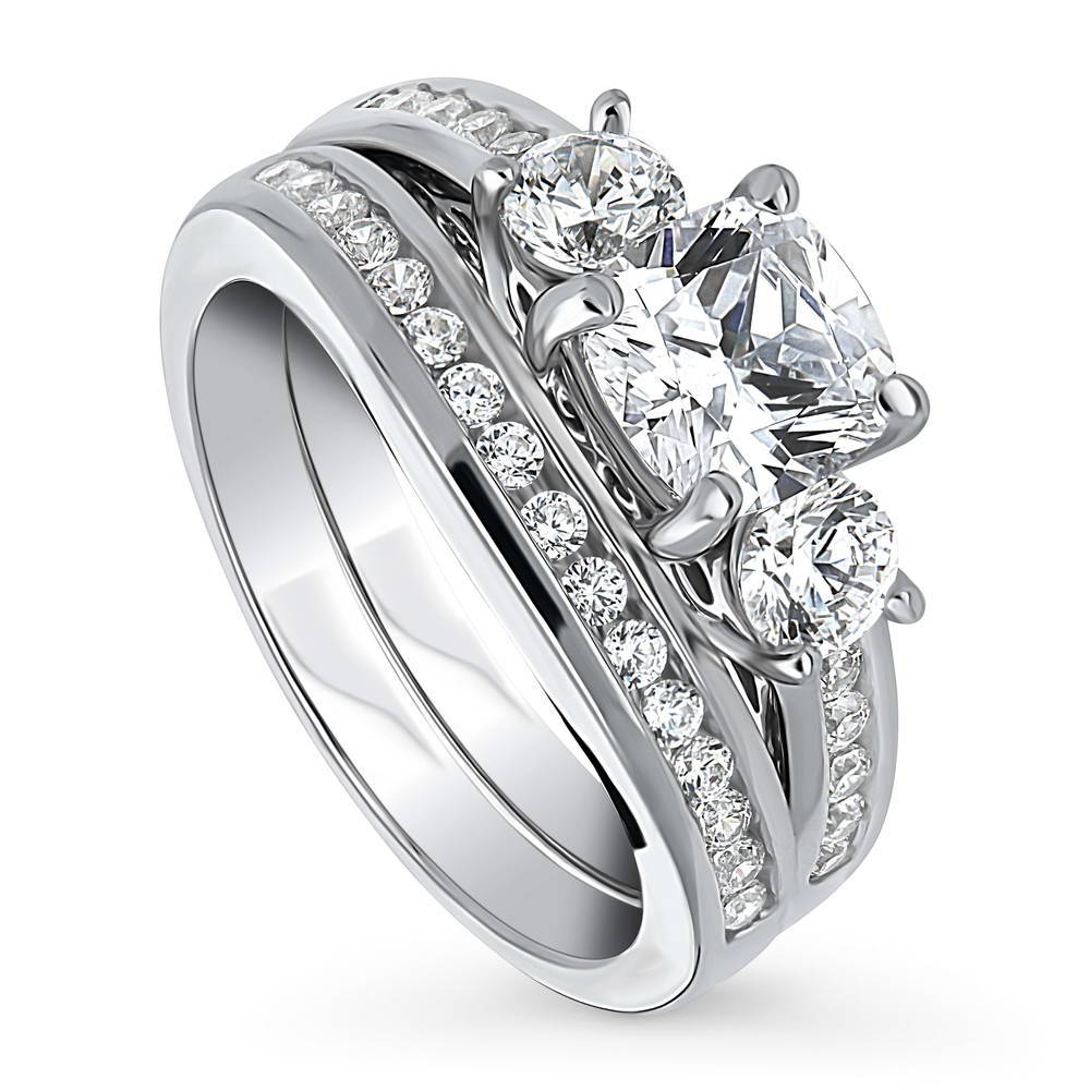 Front view of 3-Stone Cushion CZ Ring Set in Sterling Silver, 4 of 18