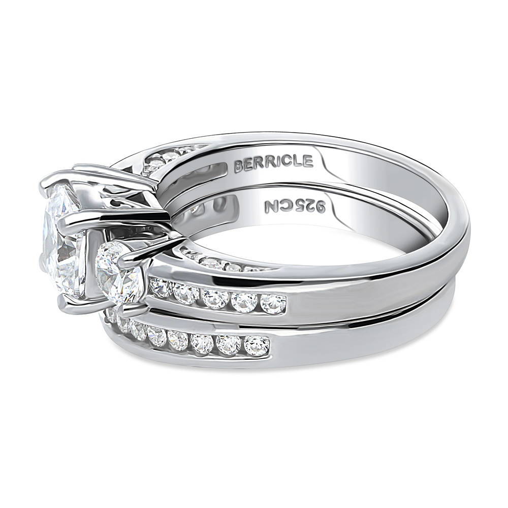 Angle view of 3-Stone Cushion CZ Ring Set in Sterling Silver