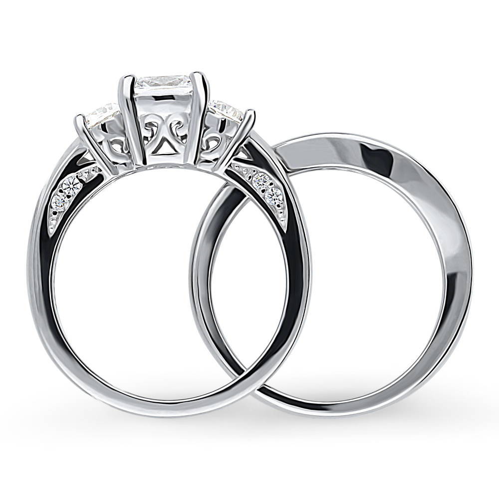 Alternate view of 3-Stone Cushion CZ Ring Set in Sterling Silver
