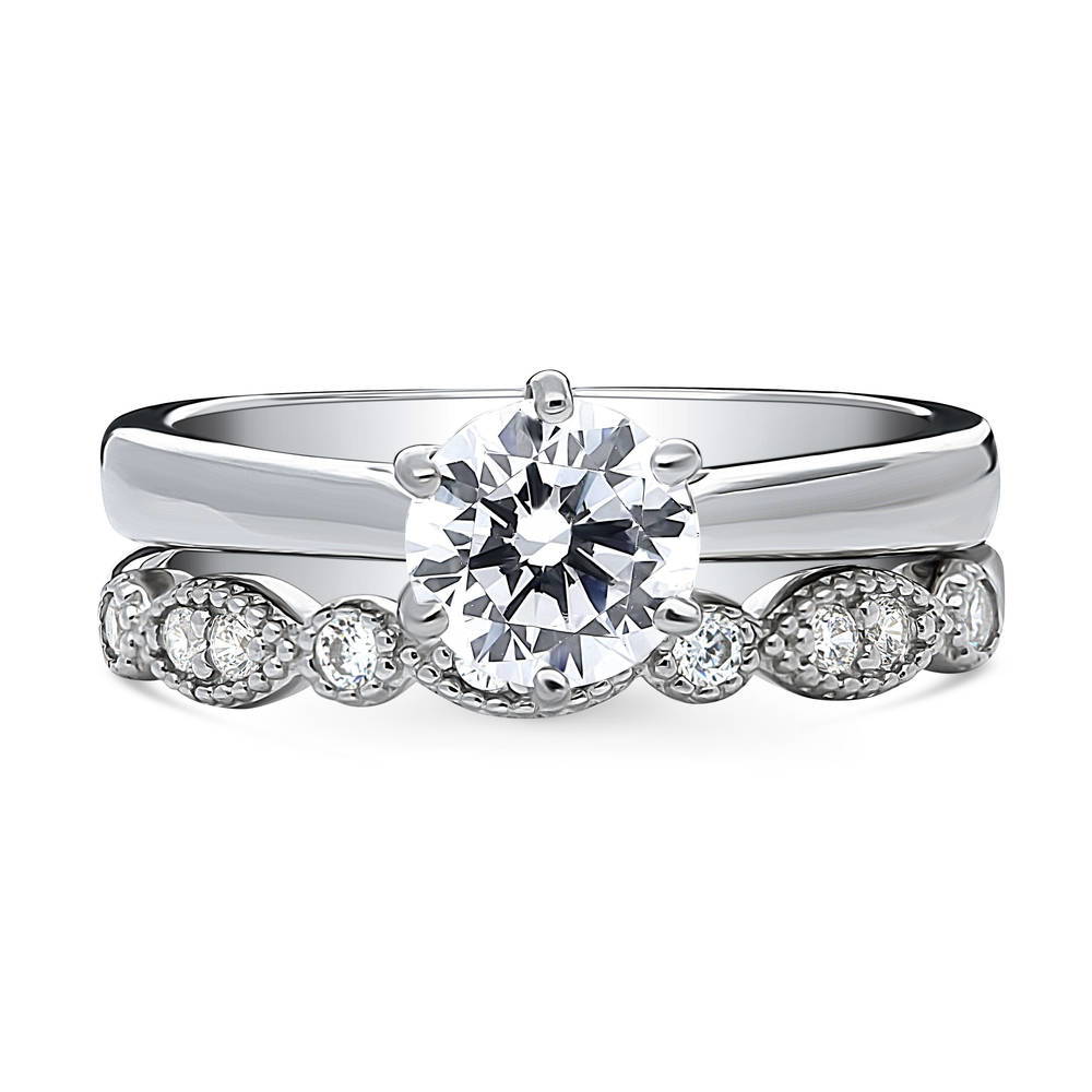 Solitaire 1ct Round CZ Ring Set in Sterling Silver