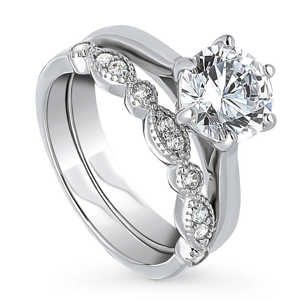 Front view of Solitaire 2ct Round CZ Ring Set in Sterling Silver