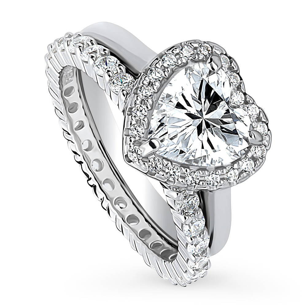 Front view of Halo Heart CZ Ring Set in Sterling Silver