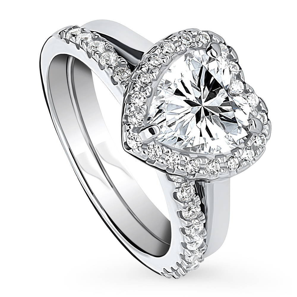 Front view of Halo Heart CZ Ring Set in Sterling Silver