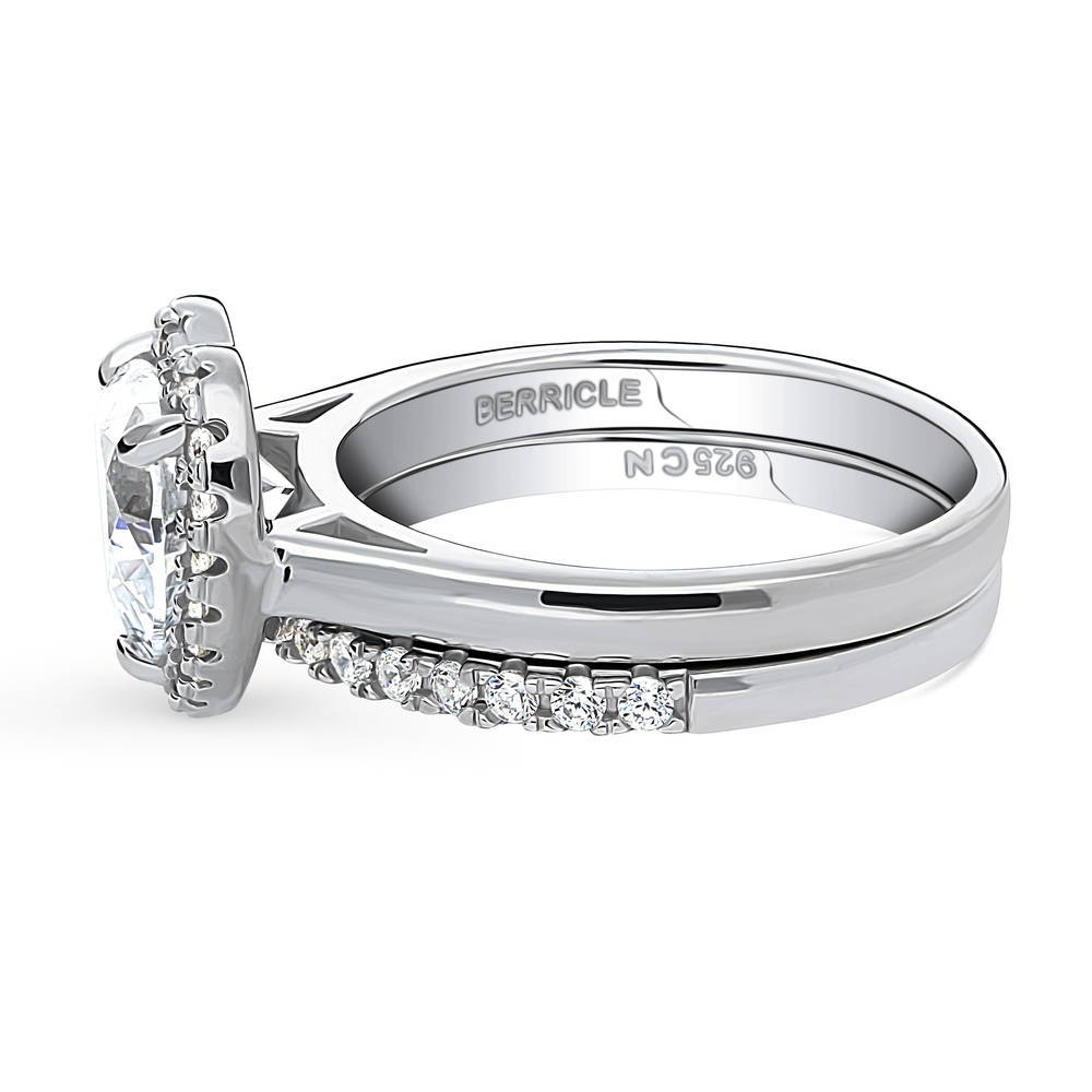 Angle view of Halo Heart CZ Ring Set in Sterling Silver