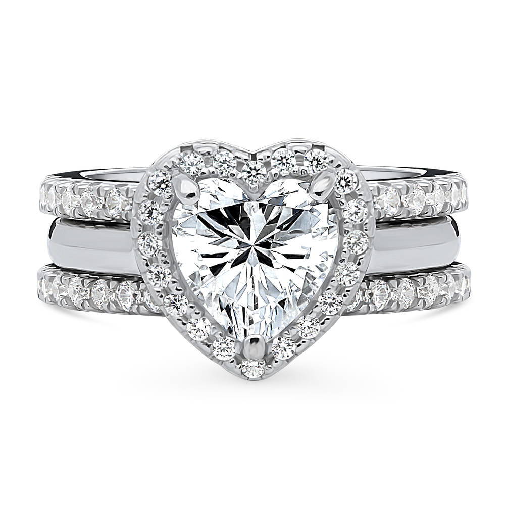 Halo Heart Heart CZ Ring Set in Sterling Silver