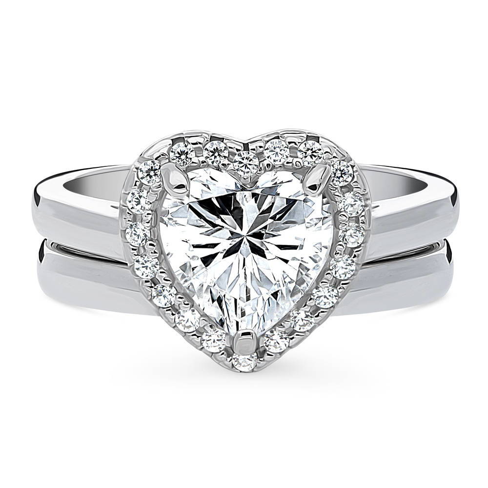 Halo Heart CZ Ring Set in Sterling Silver