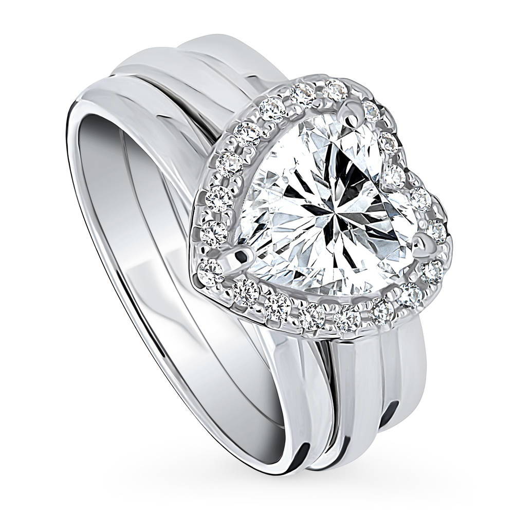 Front view of Halo Heart CZ Ring Set in Sterling Silver