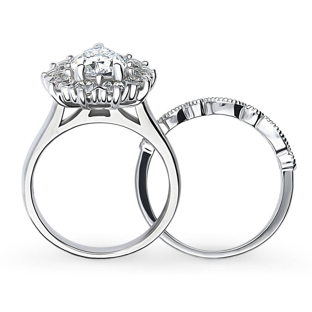 Halo Milgrain Art Deco Pear CZ Ring Set in Sterling Silver