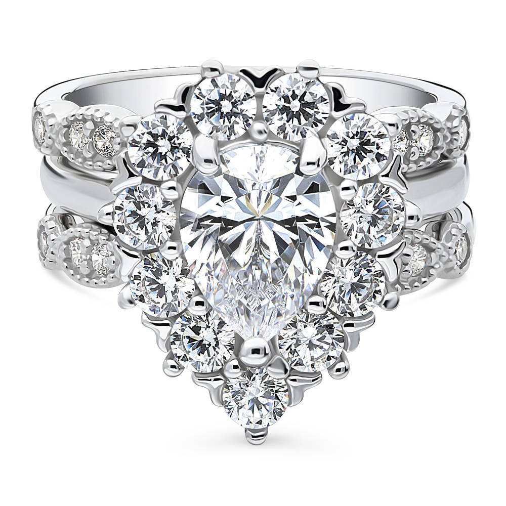 Halo Pear CZ Ring Set in Sterling Silver, 1 of 20