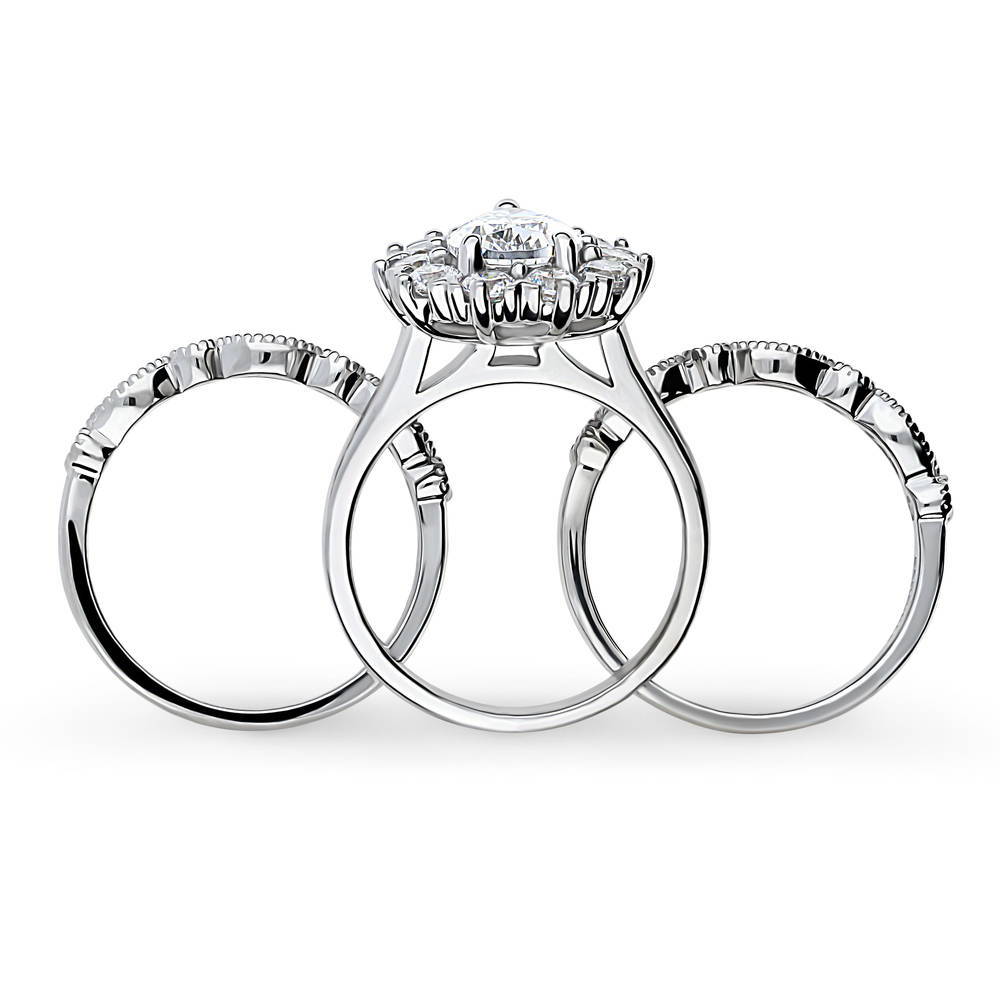 Halo Milgrain Art Deco Pear CZ Ring Set in Sterling Silver