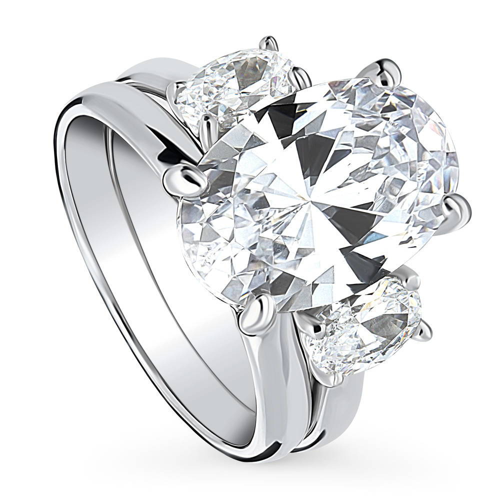 Front view of 3-Stone Oval CZ Ring Set in Sterling Silver, 4 of 18