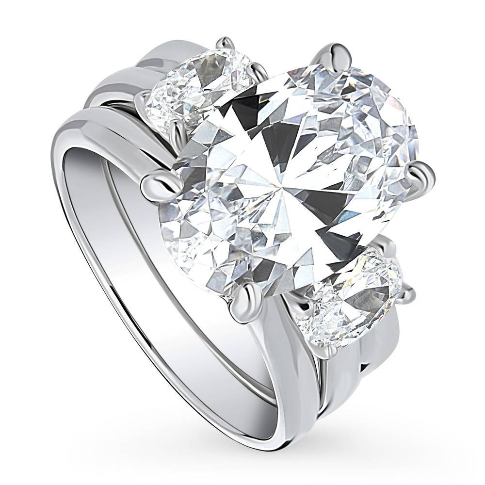 Front view of 3-Stone Oval CZ Ring Set in Sterling Silver, 3 of 18