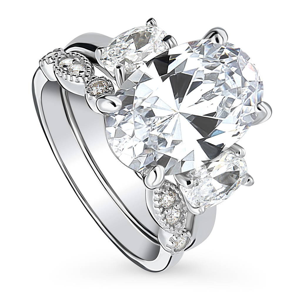 Front view of 3-Stone Oval CZ Ring Set in Sterling Silver, 3 of 19