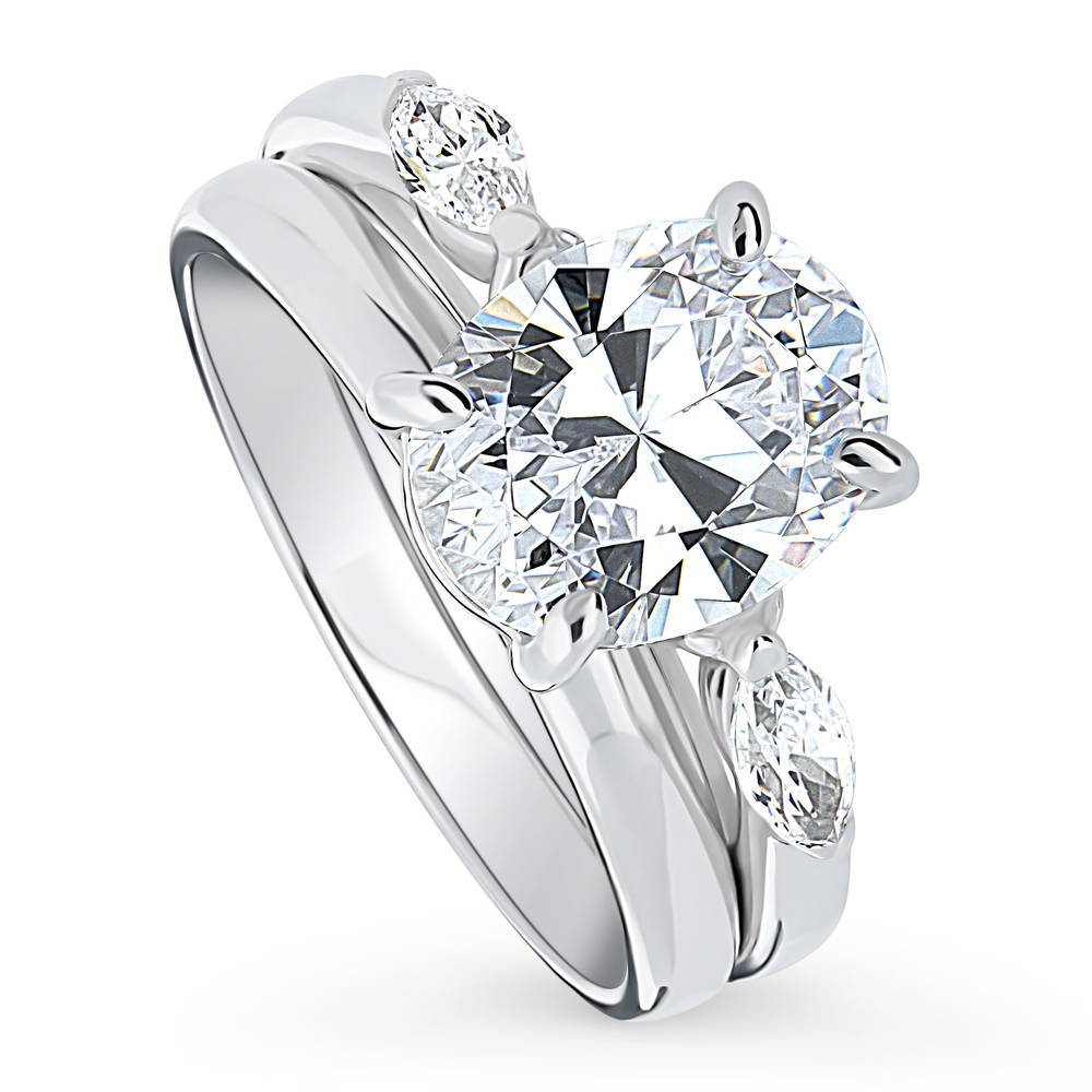 Front view of 3-Stone Oval CZ Ring Set in Sterling Silver, 4 of 14